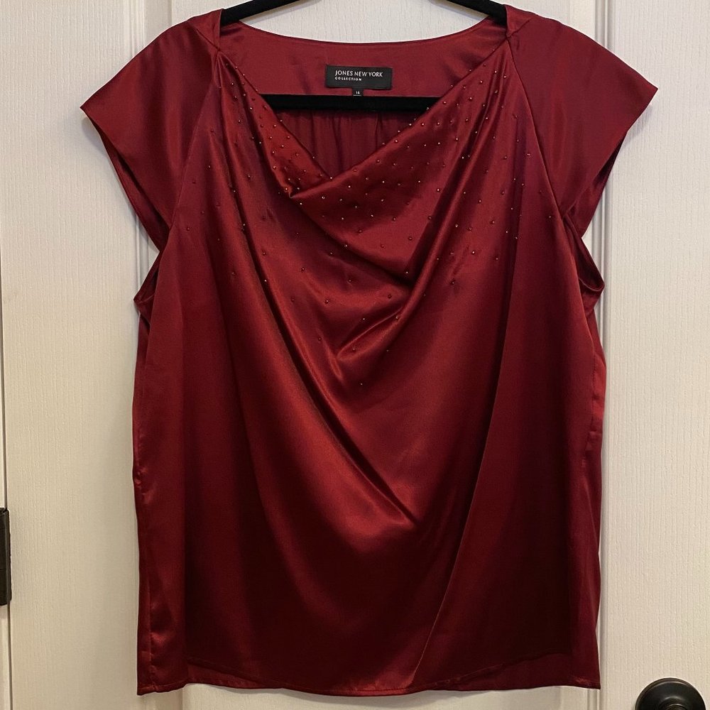 Jones New York Ruby Red Cowl Neck Blouse size 14 with Beading Detail - Picture 2 of 9